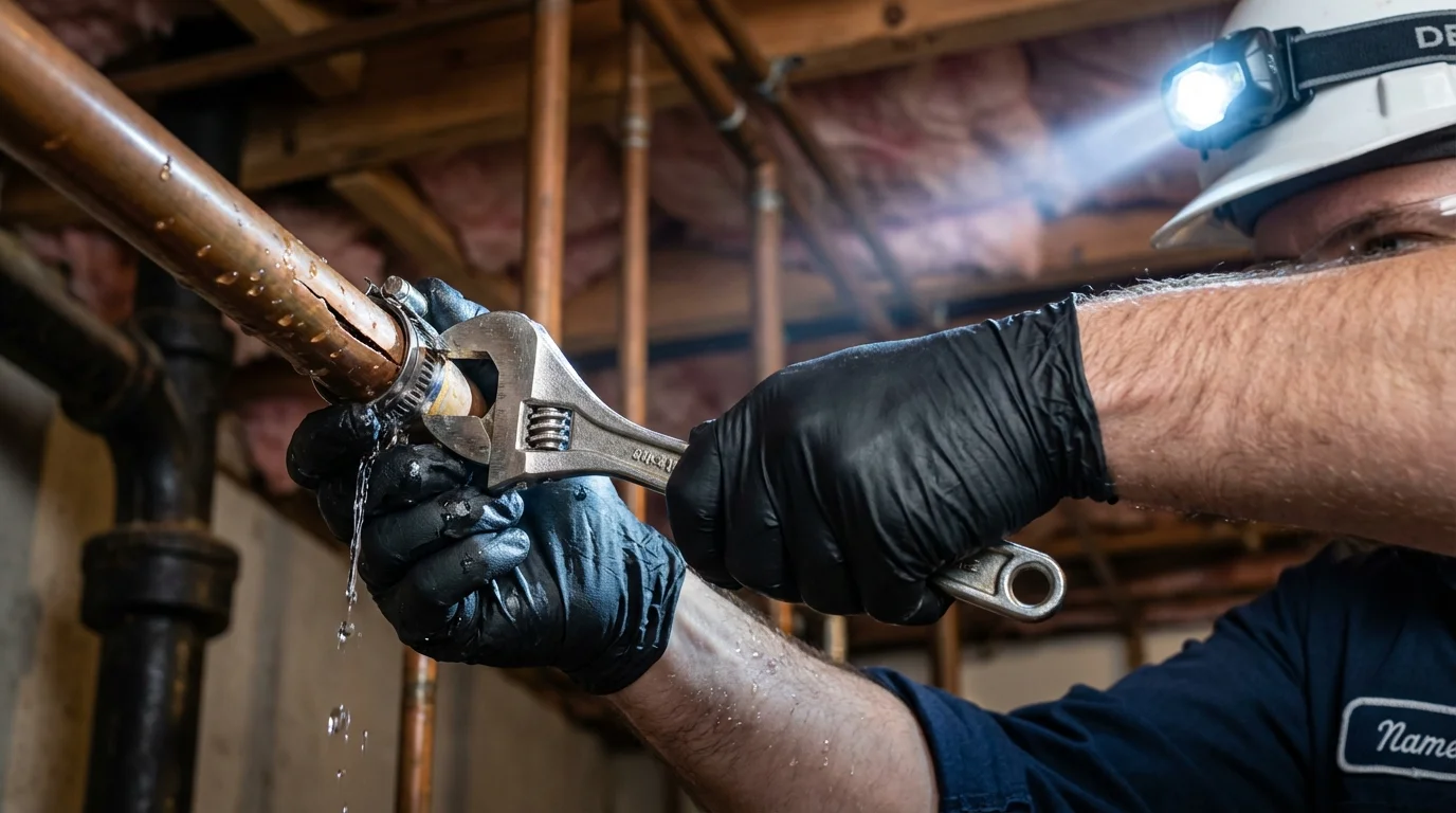 Emergency pipe clamp repair being performed by a Johns Plumbing LLC plumber in Kerens