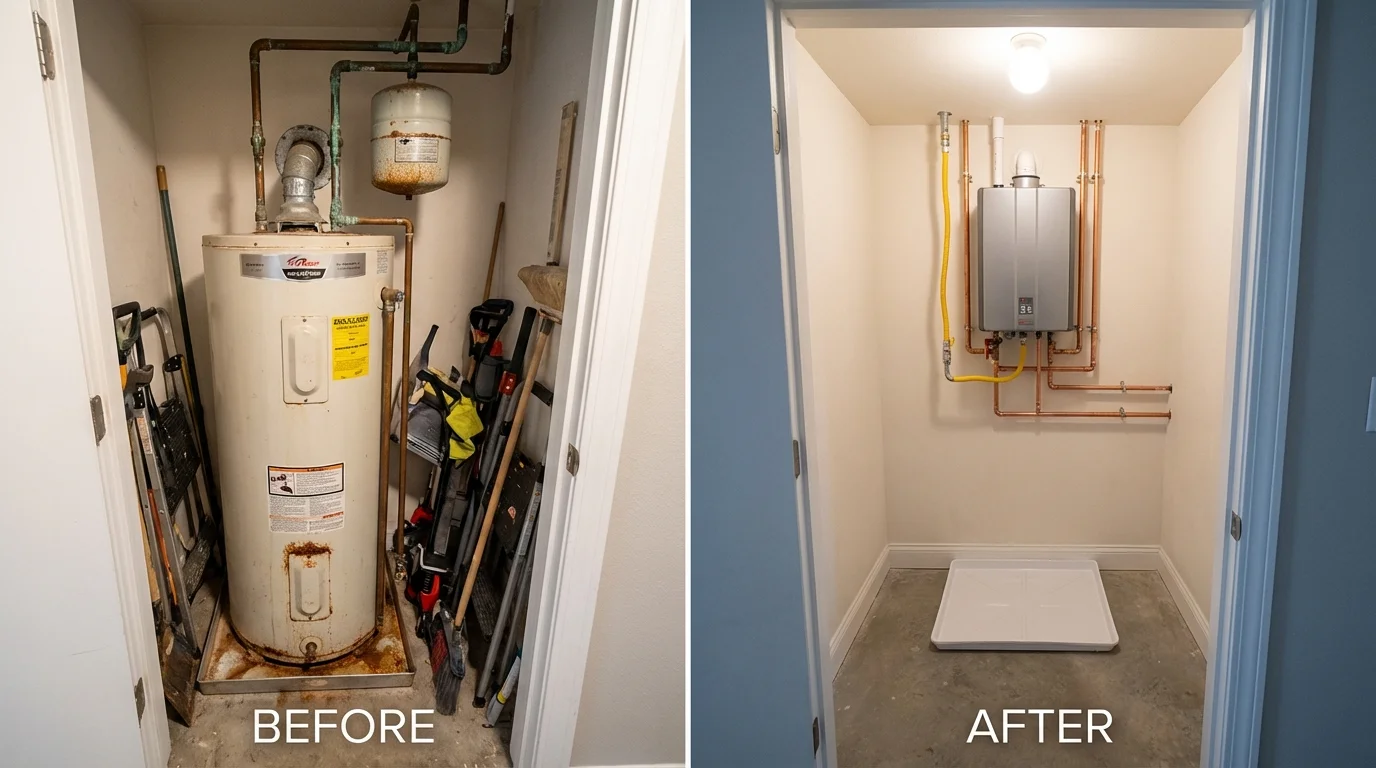 Tank water heater versus wall-mounted tankless unit comparison for Kerens, TX homeowners