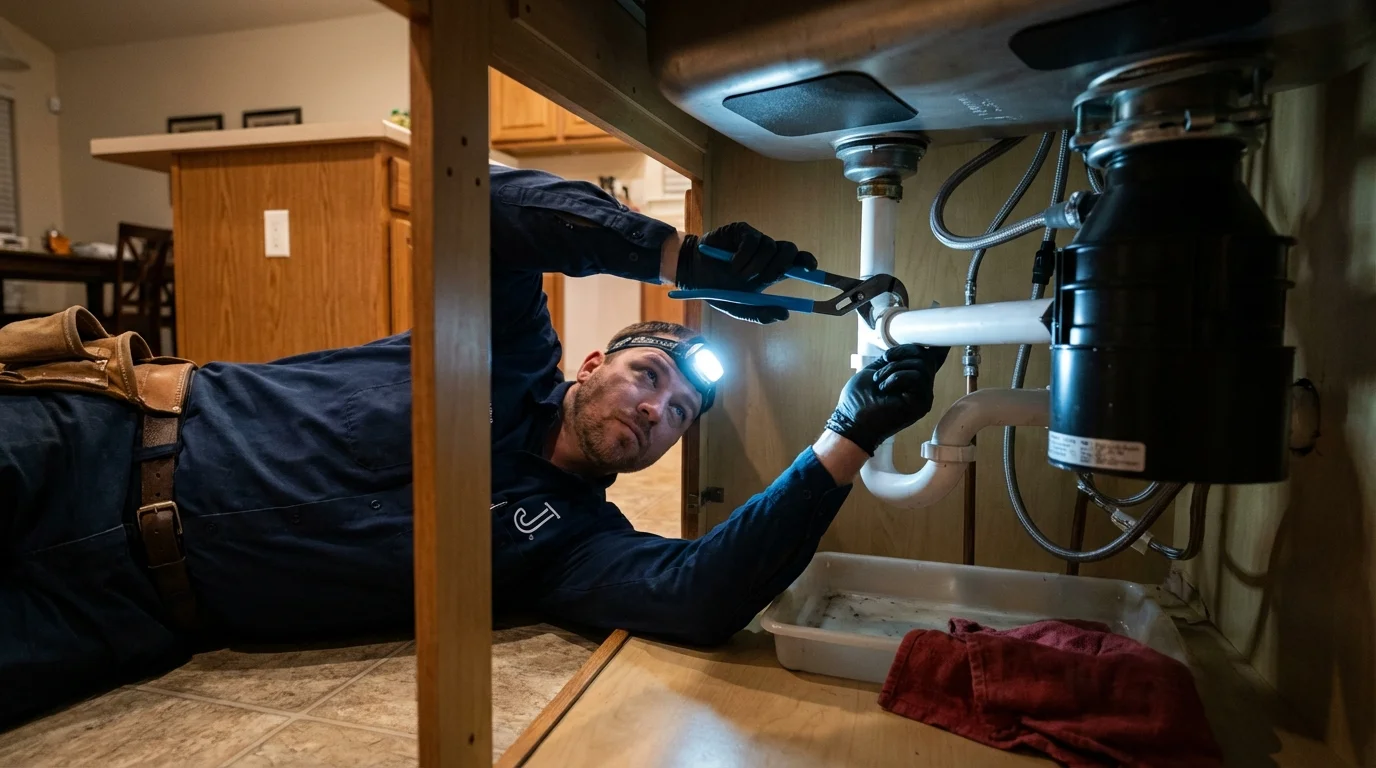 P-trap and supply line connections under a kitchen sink showing a common leak point in Kerens, TX